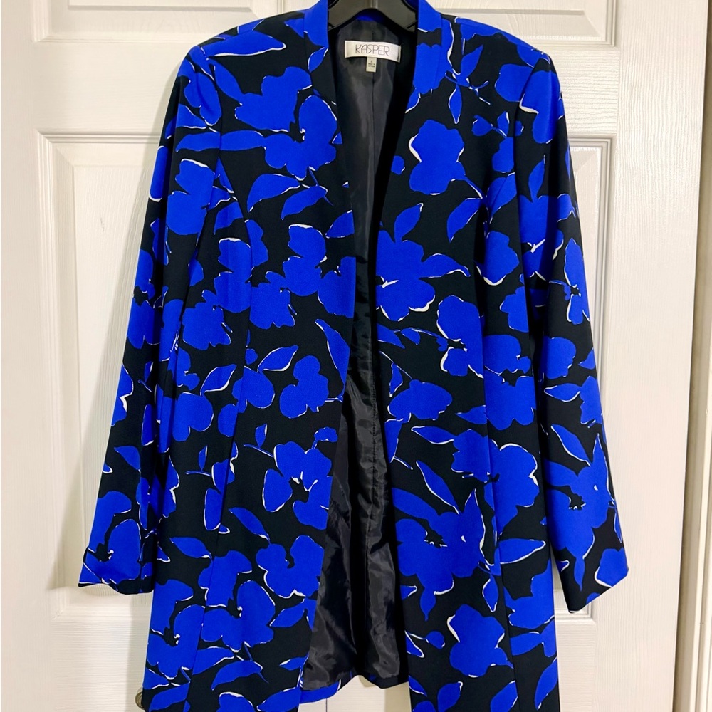 Kasper Women's Black and Blue Floral Blazer Coat Topper